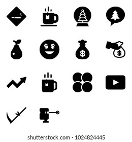 Solid vector icon set - smoking area sign vector, tea, snowball tree, merry christmas message, pear, dollar smile, money bag, encashment, growth arrow, green, atom core, playback, scythe