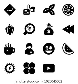 Solid vector icon set - smoking area sign vector, tonometer, three leafs, lemon slice, sweet pepper, money search, bag, fast backward, hot tea, manager, smile, watermelone, sun power, atom core