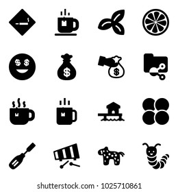 Solid vector icon set - smoking area sign vector, tea, three leafs, lemon slice, dollar smile, money bag, encashment, shared folder, hot, green, bungalow, atom core, chisel, xylophone, toy horse