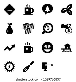 Solid vector icon set - smoking area sign vector, tea, merry christmas message, three leafs, pear, big cash, money search, encashment, growth arrow, green, smile, bungalow, sun power, chisel