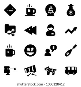 Solid vector icon set - smoking area sign vector, tea, snowball tree, money bag, shared folder, fast backward, manager, growth arrow, green, smile, dialog, chisel, laser lever, xylophone, toy horse