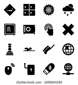 Solid vector icon set - smoking area sign vector, baggage room, firework, snowfall, safe, hand cursor, delete cross, chess queen, swimming, suitcase, globe, mouse wireless, power bank, usb wi fi