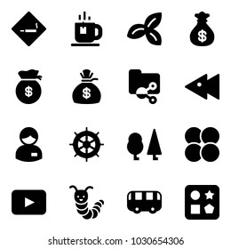 Solid vector icon set - smoking area sign vector, tea, three leafs, money bag, shared folder, fast backward, manager, hand wheel, forest, atom core, playback, toy caterpillar, bus, cube hole