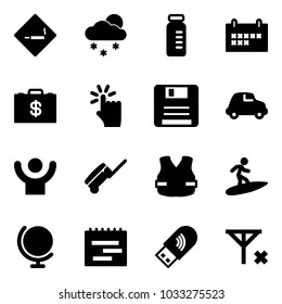 Solid vector icon set - smoking area sign vector, snowfall, vial, schedule, money case, hand touch, save, car, success, suitcase, life vest, surfing, globe, terms plan, usb wi fi, no signal