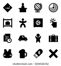 Solid vector icon set - smoking area sign vector, recieptionist, globe, radar, baggage room, gymnastics, safe, hand touch, history, car, success, suitcase, life vest, beer, usb wi fi, delete