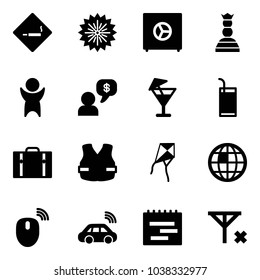 Solid vector icon set - smoking area sign vector, firework, safe, chess queen, success, money dialog, drink, suitcase, life vest, kite, globe, mouse wireless, car, terms plan, no signal