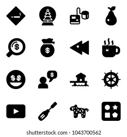 Solid vector icon set - smoking area sign vector, snowball tree, tonometer, pear, money search, bag, fast backward, hot tea, smile, dialog, bungalow, hand wheel, playback, chisel, toy horse
