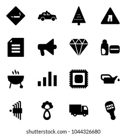 Solid vector icon set - smoking area sign vector, safety car, christmas tree, Road narrows, document, loudspeaker, diamond, uv cream, grill, chart, cpu, oiler, allen key set, beanbag, truck toy