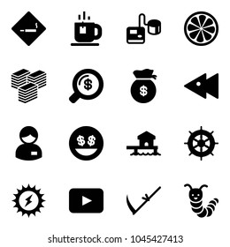 Solid vector icon set - smoking area sign vector, tea, tonometer, lemon slice, big cash, money search, bag, fast backward, manager, smile, bungalow, hand wheel, sun power, playback, scythe