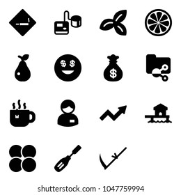 Solid vector icon set - smoking area sign vector, tonometer, three leafs, lemon slice, pear, dollar smile, money bag, shared folder, hot tea, manager, growth arrow, bungalow, atom core, chisel