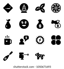 Solid vector icon set - smoking area sign vector, snowball tree, three leafs, lemon slice, pear, dollar smile, money bag, encashment, green tea, dialog, sun power, atom core, chisel, laser lever