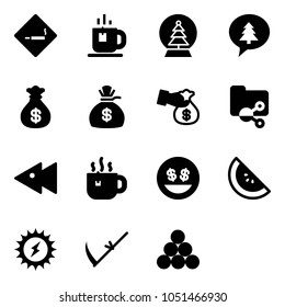 Solid vector icon set - smoking area sign vector, tea, snowball tree, merry christmas message, money bag, encashment, shared folder, fast backward, hot, smile, watermelone, sun power, scythe