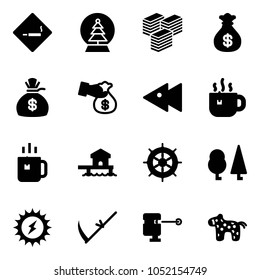 Solid vector icon set - smoking area sign vector, snowball tree, big cash, money bag, encashment, fast backward, hot tea, green, bungalow, hand wheel, forest, sun power, scythe, laser lever