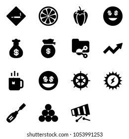 Solid vector icon set - smoking area sign vector, lemon slice, sweet pepper, dollar smile, money bag, shared folder, growth arrow, green tea, hand wheel, sun power, chisel, billiards balls