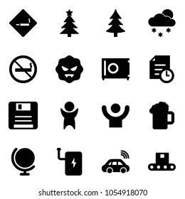Solid vector icon set - smoking area sign vector, christmas tree, snowfall, no, virus, safe, history, save, success, beer, globe, power bank, car wireless, conveyor