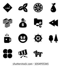 Solid vector icon set - smoking area sign vector, three leafs, lemon slice, pear, big cash, money bag, shared folder, fast backward, green tea, smile, hand wheel, forest, atom core, xylophone