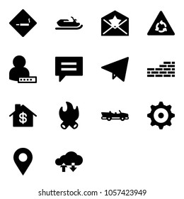 Solid vector icon set - smoking area sign vector, snowmobile, star letter, round motion road, user password, chat, paper fly, brick wall, home dollar, fire, cabrio, gear, navigation pin
