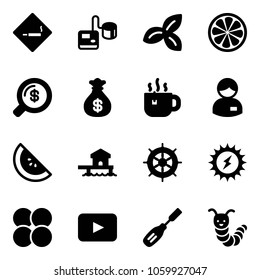 Solid vector icon set - smoking area sign vector, tonometer, three leafs, lemon slice, money search, bag, hot tea, manager, watermelone, bungalow, hand wheel, sun power, atom core, playback, chisel