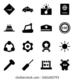 Solid vector icon set - smoking area sign vector, safety car, terrorism, passport, cake, treadmill, doctor hat, speed limit 100 road, social, gear, star medal, sun, nail, awl, abacus, toy monster