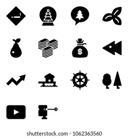 Solid vector icon set - smoking area sign vector, snowball tree, merry christmas message, three leafs, pear, big cash, money bag, fast backward, growth arrow, bungalow, hand wheel, forest, playback