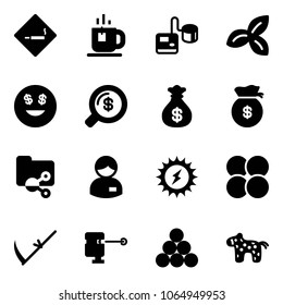 Solid vector icon set - smoking area sign vector, tea, tonometer, three leafs, dollar smile, money search, bag, shared folder, manager, sun power, atom core, scythe, laser lever, billiards balls