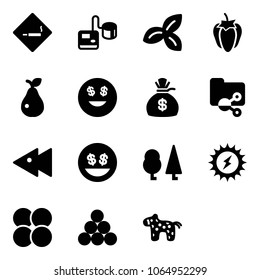 Solid vector icon set - smoking area sign vector, tonometer, three leafs, sweet pepper, pear, dollar smile, money bag, shared folder, fast backward, forest, sun power, atom core, billiards balls