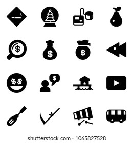 Solid vector icon set - smoking area sign vector, snowball tree, tonometer, pear, money search, bag, fast backward, smile, dialog, bungalow, playback, chisel, scythe, xylophone, toy bus