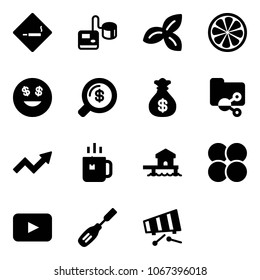 Solid vector icon set - smoking area sign vector, tonometer, three leafs, lemon slice, dollar smile, money search, bag, shared folder, growth arrow, green tea, bungalow, atom core, playback, chisel