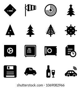 Solid vector icon set - smoking area sign vector, side wind, radar, christmas tree, virus, safe, history, save, car, wine, wireless