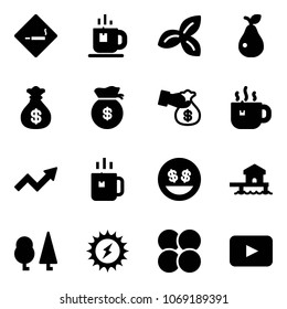 Solid vector icon set - smoking area sign vector, tea, three leafs, pear, money bag, encashment, hot, growth arrow, green, smile, bungalow, forest, sun power, atom core, playback