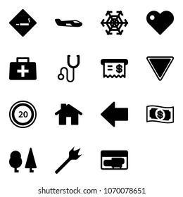 Solid vector icon set - smoking area sign vector, small plane, snowflake, heart, doctor bag, stethoscope, receipt, giving way road, speed limit 20, home, left arrow, money, forest, wood drill