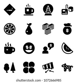 Solid vector icon set - smoking area sign vector, tea, snowball tree, tonometer, lemon slice, pear, big cash, money bag, hot, smile, dialog, watermelone, forest, atom core, xylophone, toy horse