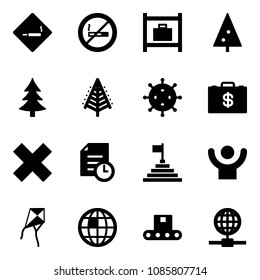 Solid vector icon set - smoking area sign vector, no, baggage room, christmas tree, virus, money case, delete cross, history, pyramid flag, success, kite, globe, conveyor