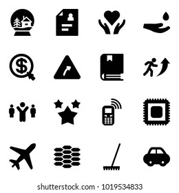 Solid vector icon set - snowball house vector, patient card, heart care, drop hand, money click, turn right road sign, book, career, team leader, stars, mobile phone, cpu, plane, carbon, rake, car