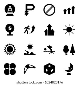 Solid vector icon set - snowball tree vector, ruble, no limit road sign, arrows up, money, career, sun, reading, palm, forest, atom core, boomerang, cube toy, moon lamp