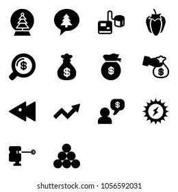 Solid vector icon set - snowball tree vector, merry christmas message, tonometer, sweet pepper, money search, bag, encashment, fast backward, growth arrow, dialog, sun power, laser lever