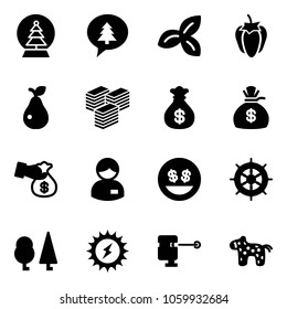 Solid vector icon set - snowball tree vector, merry christmas message, three leafs, sweet pepper, pear, big cash, money bag, encashment, manager, smile, hand wheel, forest, sun power, laser lever