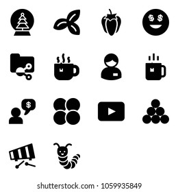 Solid vector icon set - snowball tree vector, three leafs, sweet pepper, dollar smile, shared folder, hot tea, manager, green, money dialog, atom core, playback, billiards balls, xylophone