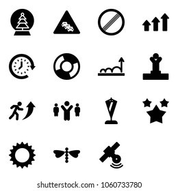 Solid vector icon set - snowball tree vector, multi lane traffic road sign, no limit, arrows up, clock around, circle chart, growth, winner, career, team leader, pennant, stars, sun, dragonfly