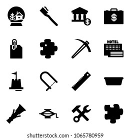 Solid vector icon set - snowball house vector, tooth brush, account, money case, attachment, puzzle, job, sea hotel, sand castle, fretsaw, ruler, basin, dowel, jack, wrench hammer