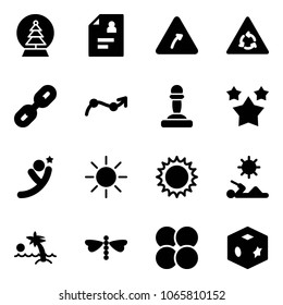 Solid vector icon set - snowball tree vector, patient card, turn right road sign, round motion, link, chart point arrow, pawn, stars, flying man, sun, reading, palm, dragonfly, atom core, cube toy