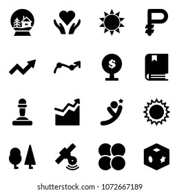 Solid vector icon set - snowball house vector, heart care, sun, ruble, growth arrow, chart point, money tree, book, pawn, flying man, forest, satellite, atom core, cube toy