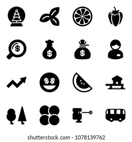 Solid vector icon set - snowball tree vector, three leafs, lemon slice, sweet pepper, money search, bag, manager, growth arrow, smile, watermelone, bungalow, forest, atom core, laser lever, toy bus