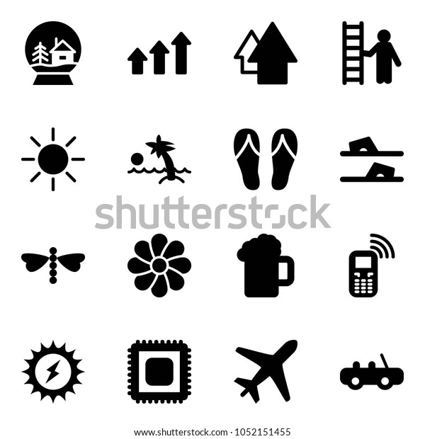 Solid vector icon set -\
snowball house vector, arrows up, arrow, opportunity, sun, palm,\
flip flops, dragonfly, flower, beer, mobile phone, power, cpu,\
plane, toy car