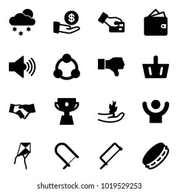 Solid vector icon set - snowfall vector, investment, card pay, wallet, volume max, social, dislike, basket, agreement, cup, hand sproute, success, kite, fretsaw, metal hacksaw, tambourine