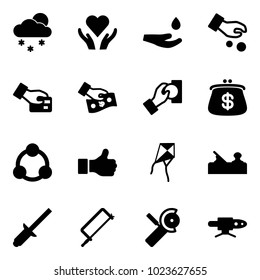 Solid vector icon set - snowfall vector, heart care, drop hand, investment, card pay, cash, purse, social, like, kite, jointer, clinch, metal hacksaw, Angular grinder, pipe welding