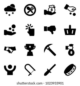 Solid vector icon set - snowfall vector, fork spoon plate, investment, cash pay, hand touch, dislike, basket, agreement, cup, rock axe, rich, success, fretsaw, clinch, tambourine