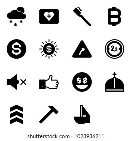 Solid vector icon set - snowfall vector, first aid kit, tooth brush, bitcoin, dollar coin, sun, turn right road sign, limited width, volume off, finger up, money smile, crown, chevron, hammer