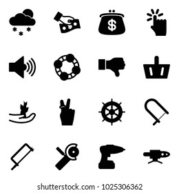 Solid vector icon set - snowfall vector, cash pay, purse, hand touch, volume max, friends, dislike, basket, sproute, victory, wheel, fretsaw, metal hacksaw, Angular grinder, drill, pipe welding
