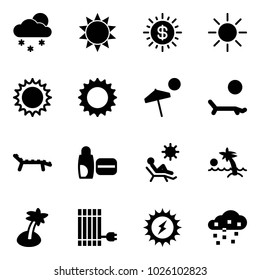 Solid vector icon set - snowfall vector, sun, dollar, beach, lounger, uv cream, palm, panel, power, snow